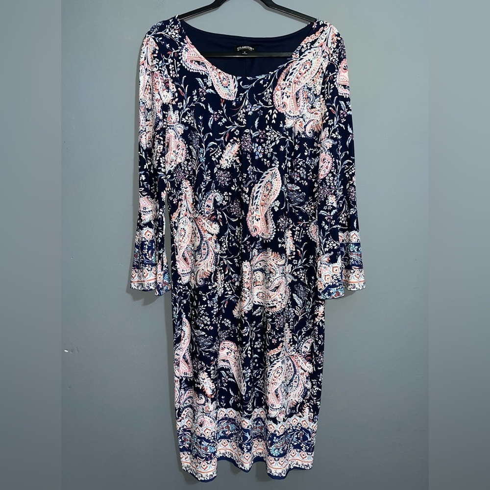 Glamour blue and pink Sheath Dress Long Sleeve Crew Neck bell sleeve size 14